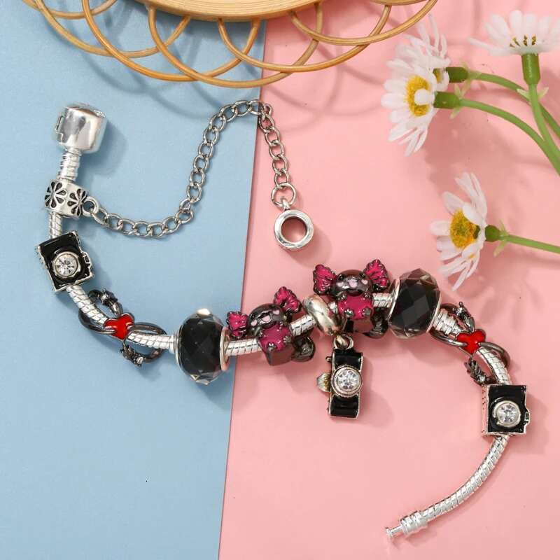 Silver Plated Black Charm Bracelet With Classics Camera Beads Bracelets Bangles For Women Men Girlfriend DIY Jewelry Gift
