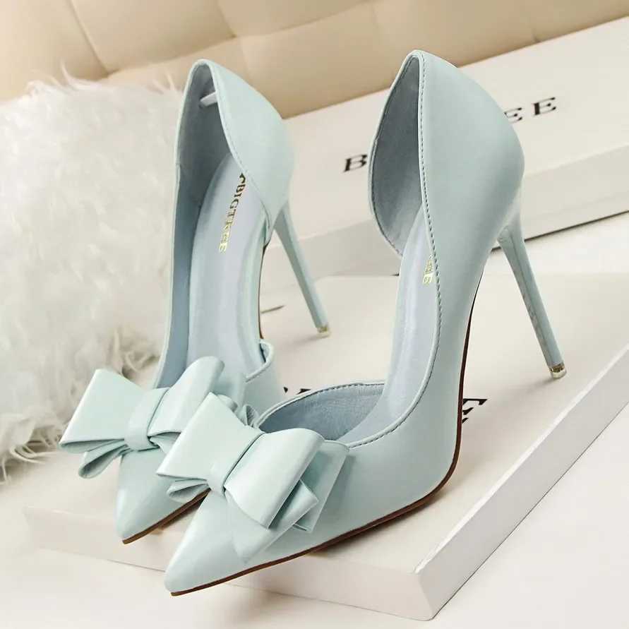 Wen 7.5cm 10cm high H Kaii bow pump women Fi fetish blue w sweet party Pr slip shoes Y250319
