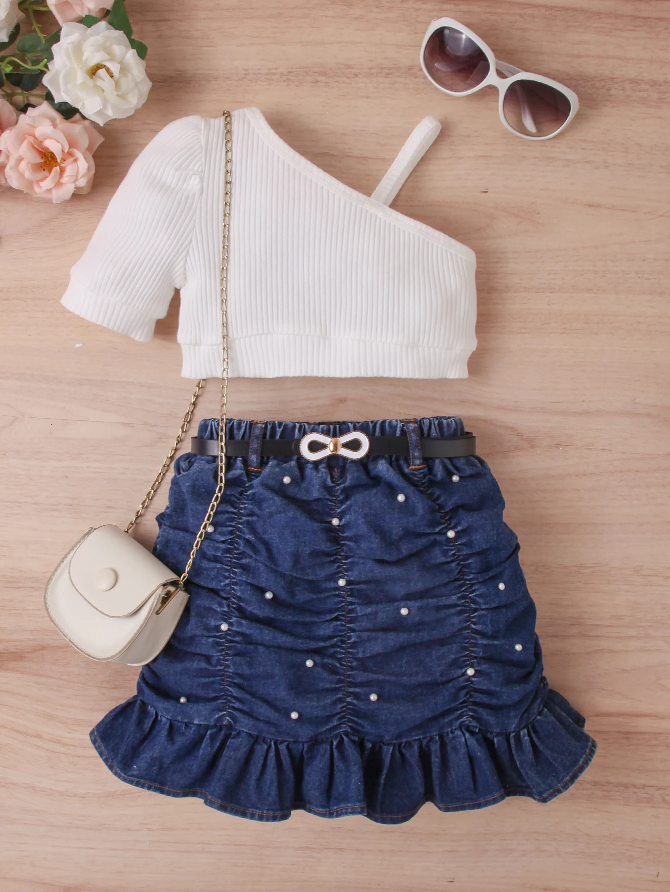 Girl Cotton Ceiling Denim Skirt Pearl with Belt 3Piece Set 250319