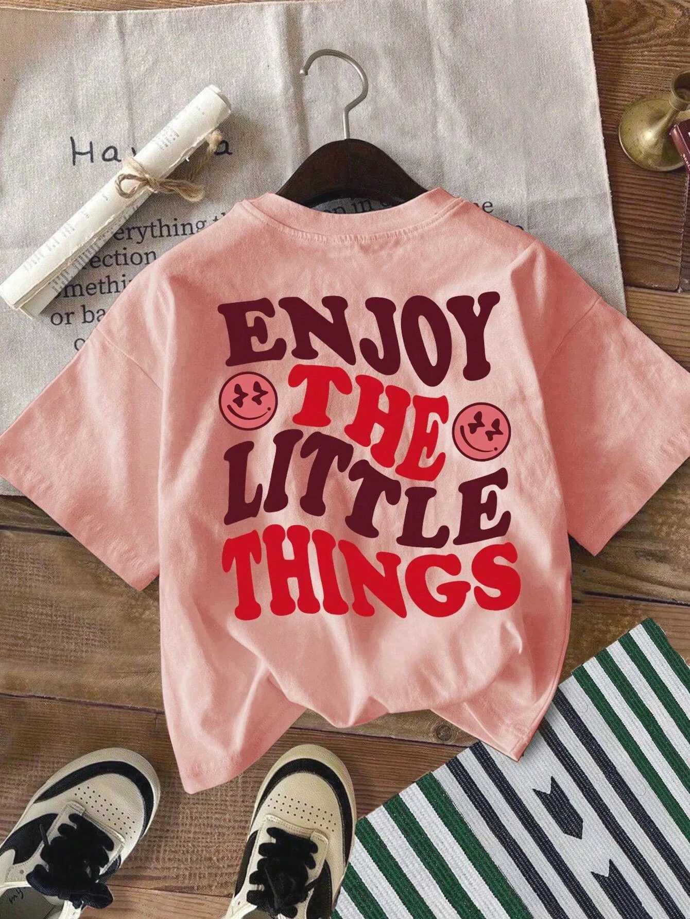 Girls casual simple letter back printed T-shirt Kawaii cotton summer T-shirt Y2k Harajuku style childrens clothing top fully matched classicT250320