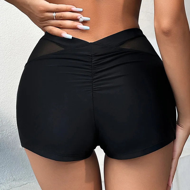Womens Solid Ruched Bikini Bottom Sexy Mesh Sides High Waisted Two Piece Separate Elastic Flat Leg Swimming Shorts 2024 Beachwear 250319