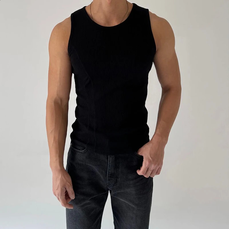 Sports and fitness ultrathin sleeveless vest mens fashionable solid color pleated summer casual elastic 250319