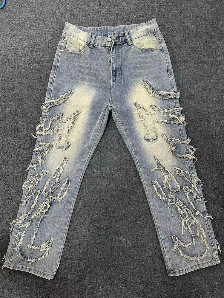 Mens Baggy Aesthetic Streetwear Jeans Mens Retro Fashion Wide Leg Denim Pants Graphic Embroidered Designer Hip Pop Denim TrousersT250319