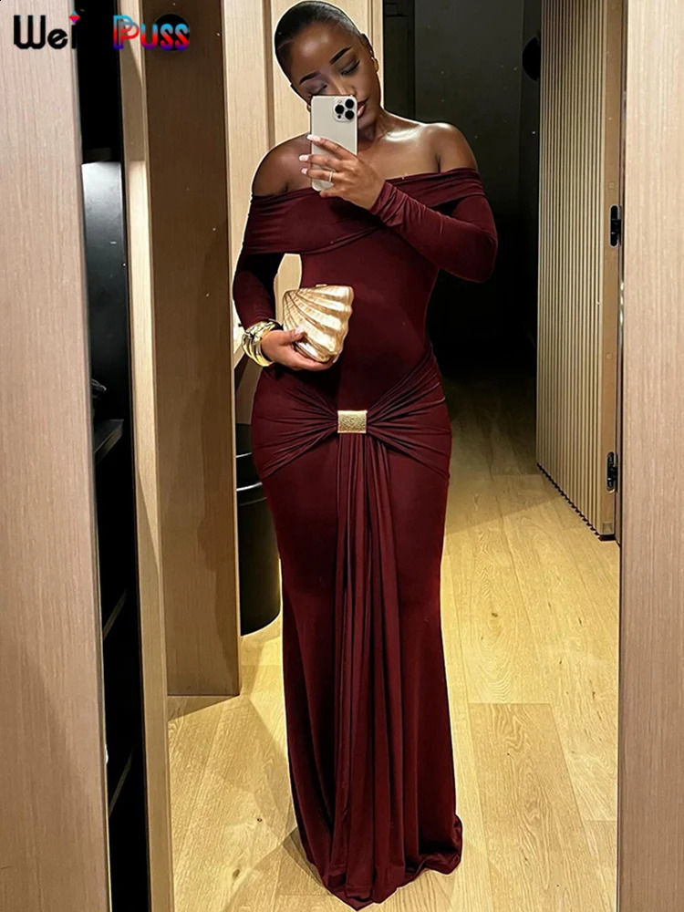Weird Puss Elegant Party Dress Ruched Metal Buckle Ribbon Slash Neck Full Sleeve Skinny Stretch Birthday Party Slim Long Bodycon 250319