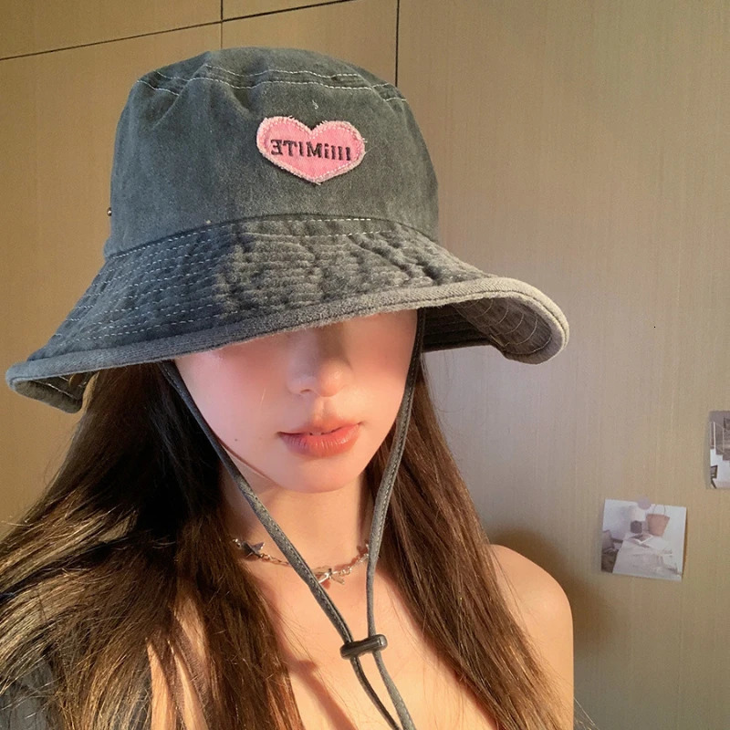 Japanese Retro Washed Cowboy Hats for Women Spring and Summer Outdoor Camping Sun Protection Sweet Pink Love Bucket Caps 250320