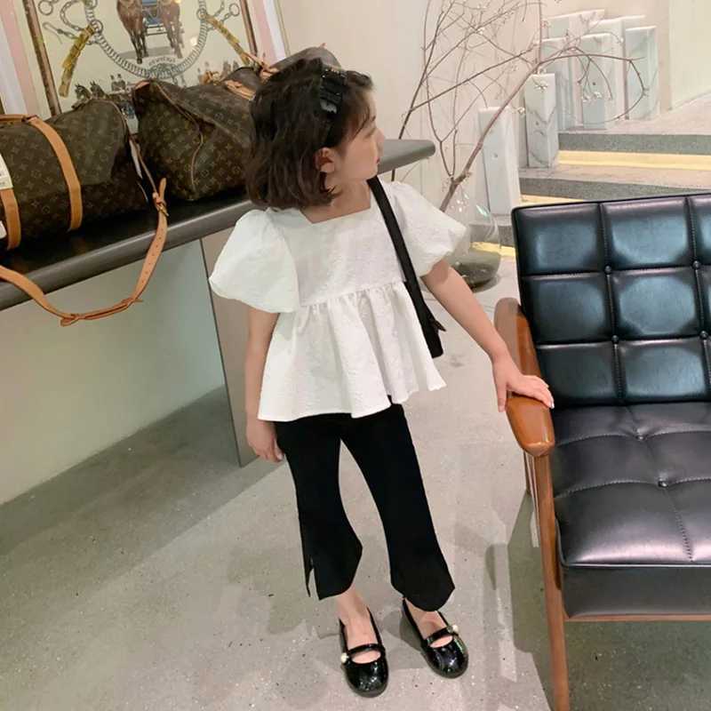 Summer girls short sleeved sweet square neckline bubble backless big bow fashion version short sleeved shirt childrens clothingT250320