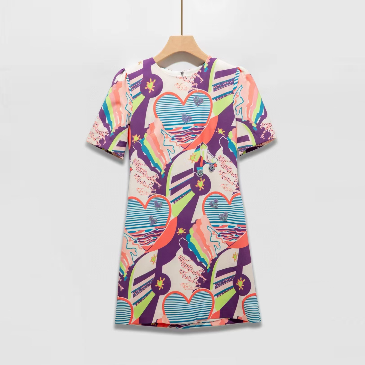 OC13800 Women's Dresses Multicolored Coated Canvas Luxury Customization Service Summer Round Neck Short Sleeved Printed Dress