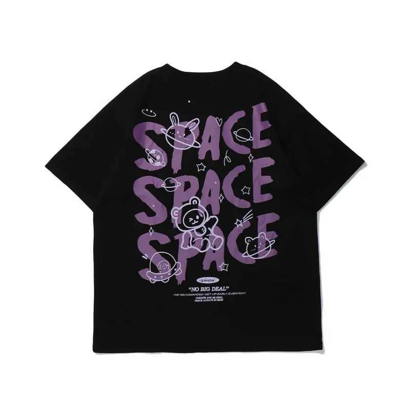 Womens T-shirt bear graffiti short sleeved space print oversized T-shirt loose summer retro Harajuku style couple shirt topT250320