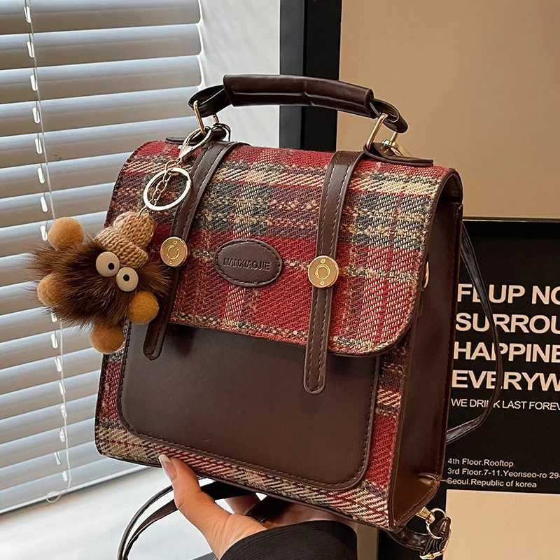 Girl Retro 100 Handbag British Style Womens Casual Checkered Small Backpack with Good Person Pendant Decoration Y250319