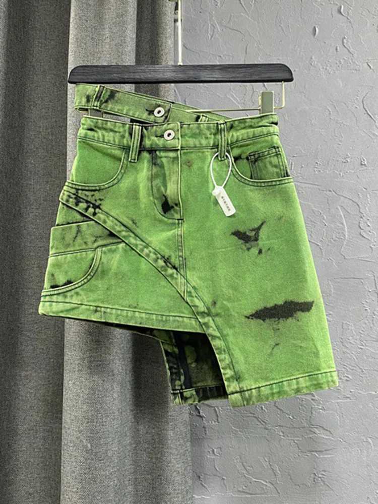 DEAT Fashion Womens Personalized Double Waist Design Green A-line Denim Skirt Asymmetric Hot Girl Short Skirts Spring 17A1759XJ250320