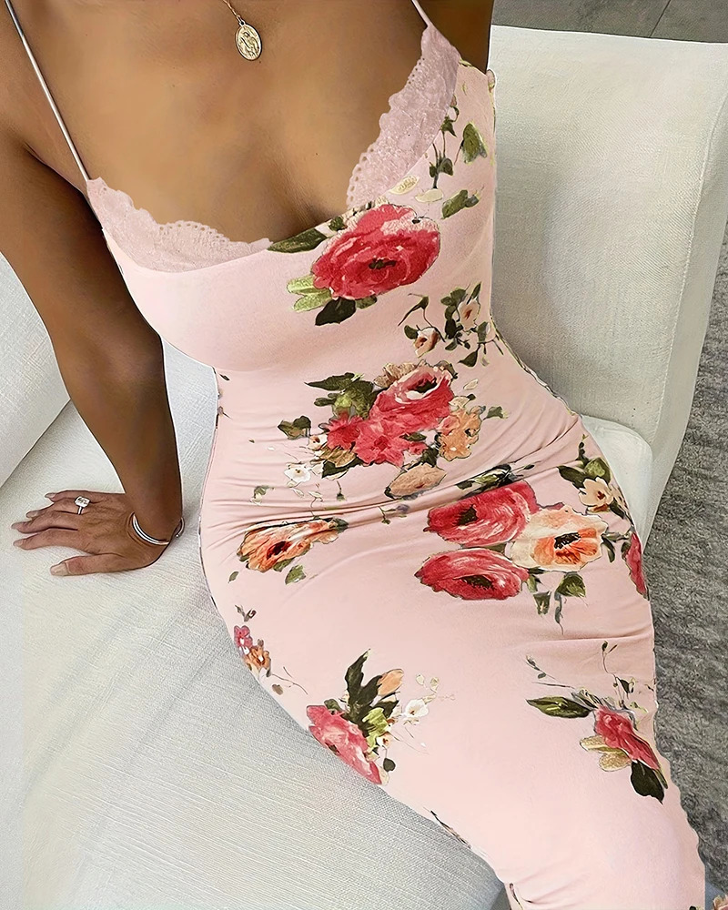 Lace Trim Spaghetti Strap Floral Print Dress Lace Maxi Spring Summer Regular Straight Spaghetti Strap 250320