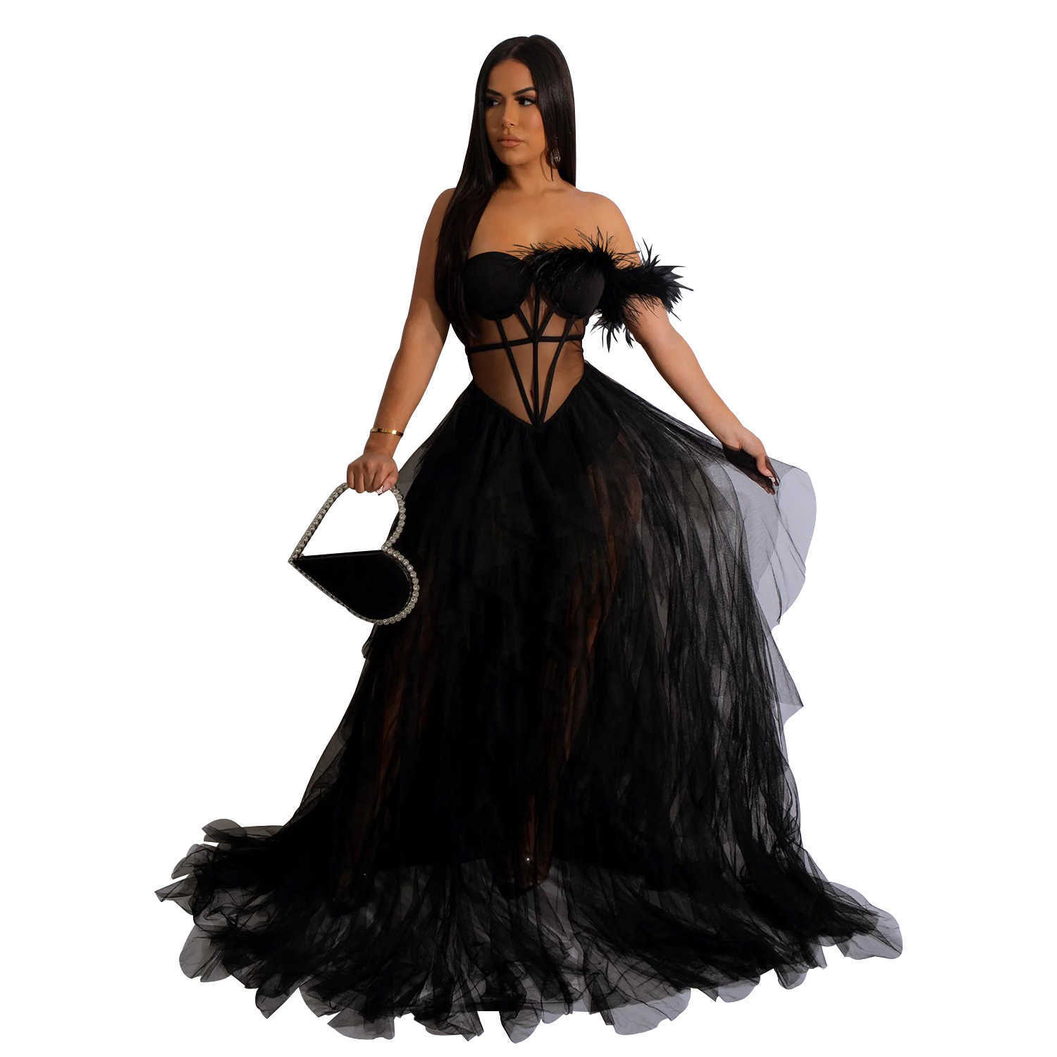 Fashion Women's Solid Sleeveless Wrapped Chest Mesh Long Dress 250315