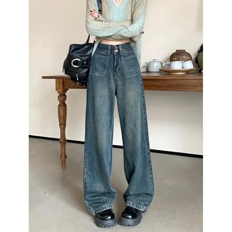 Autumn Plus Size Straight-Leg Jeans High-Waisted Draped Loose-Fit Bell Bottoms Casual Style For Plump Women 250319