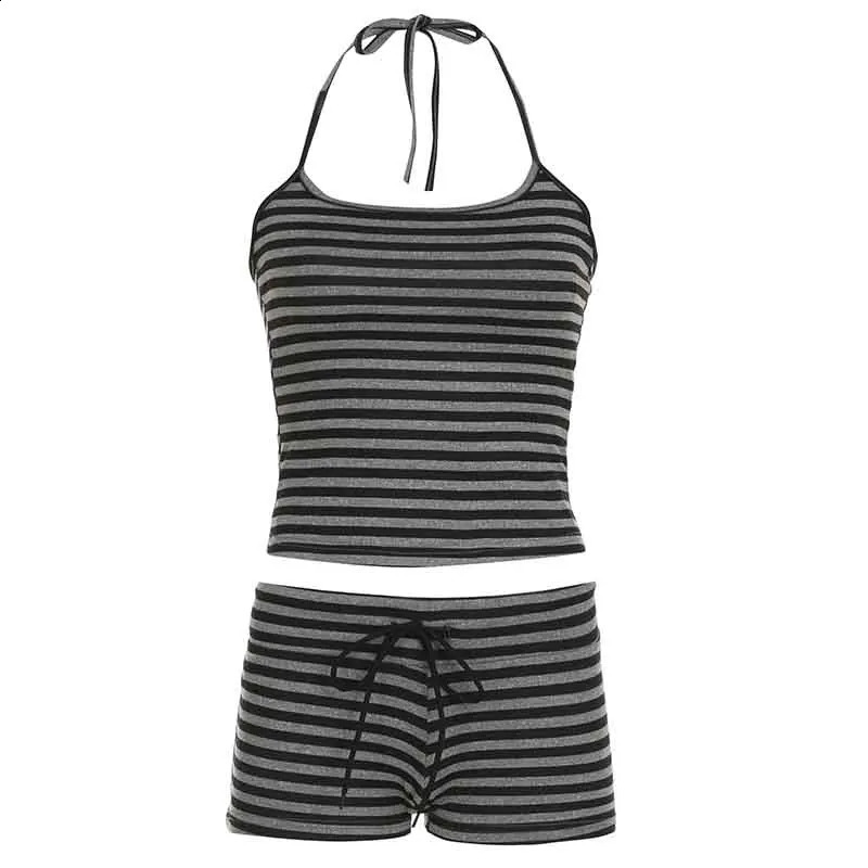 HEYounGIRL Striped Casual Homewear Backless Halter Camisole and Tiny Shorts Y2K Set Summer Contrast Color Basic Two Piece Sets 250319