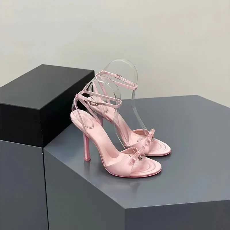 New Summer Bow Satin Heels Feminine Rhinestone Letters Stiletto Heels Open-toe Sandals Black Pink womens shoes sandalsC250319