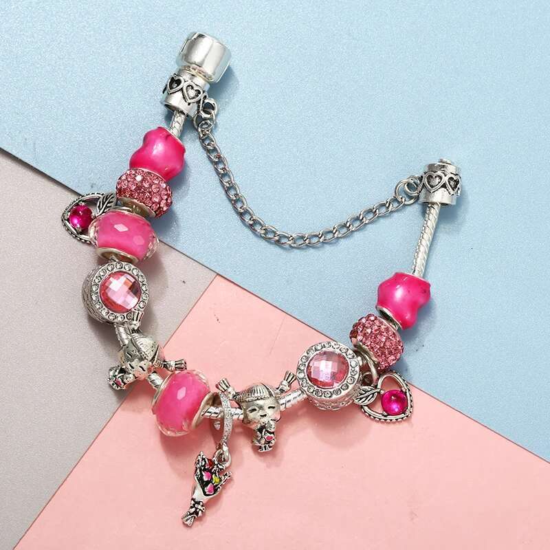Romantic Pink Crystal Heart Bracelets With DIY Brand Bracelets Bangles For Women Men Fiancee Bijoux Pulseras Jewelry Gift