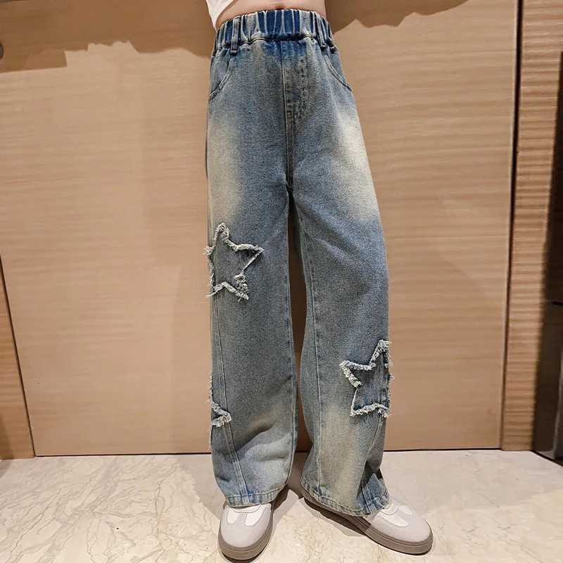 Spring Autumn Teenager Girls Wide Leg Jeans Children Trousers 2024 New Fashion Star Pattern Girls Denim Pants 5-14Y Kids ClothesT250326