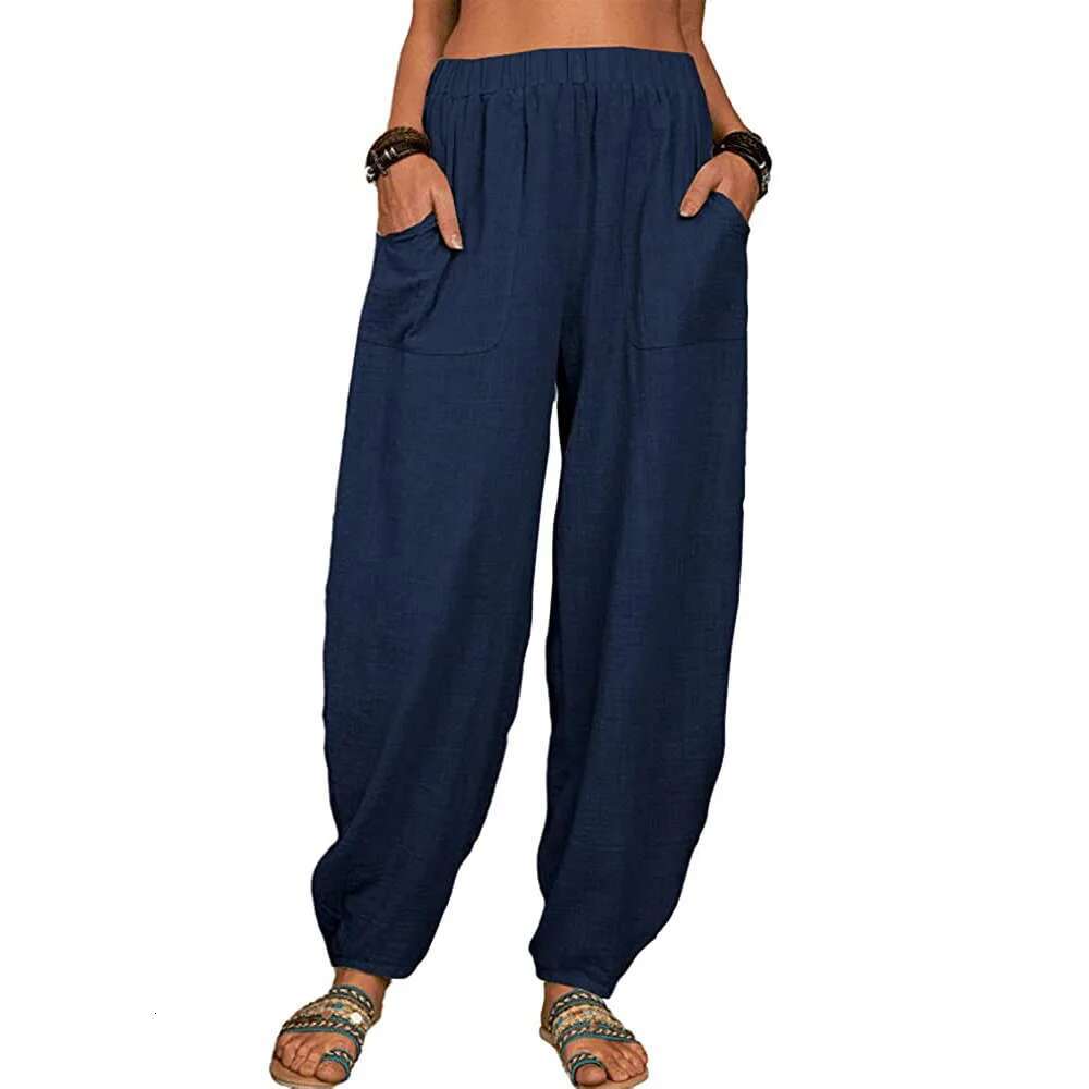 Women Cotton Summer Casual Vintage Pockets Thin Beach Trousers Female Elastic Waist Wide Leg Retro Loose Harem Pants