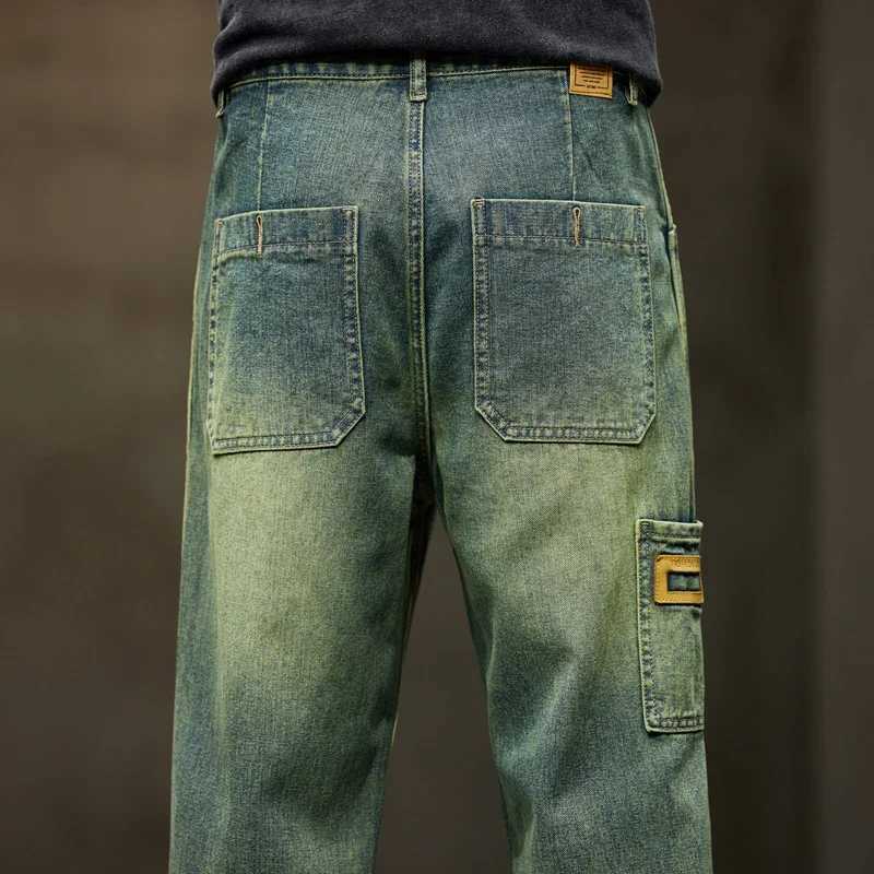 College boy loose casual pants retro blue street fashion patchwork jeans hiking wide leg pocket jeans brand mens clothingT250319