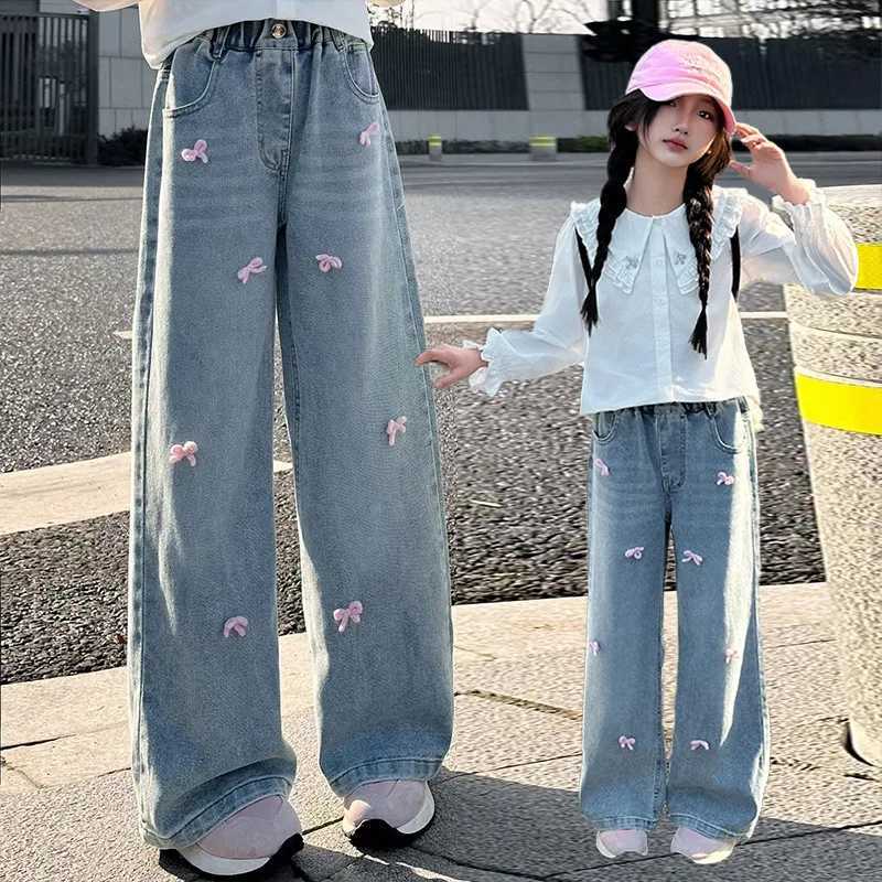 Teenage Girls Jeans Spring and Autumn 2025 New Foreign Style Childrens Loose Wide Leg Pants Girls Casual Pink Bow Pants TrousersT250326