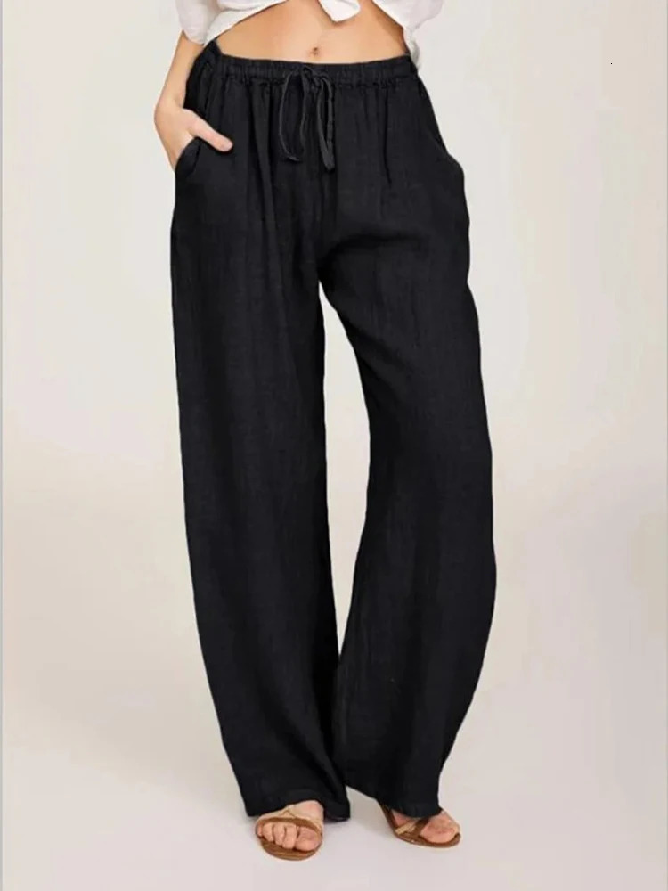 Women Cotton Linen Pants Casual Outfit Comfortable Loose Elastic Waist Oversized Beach Jogger Lounge Pants Vintage Woman Clothes 250320