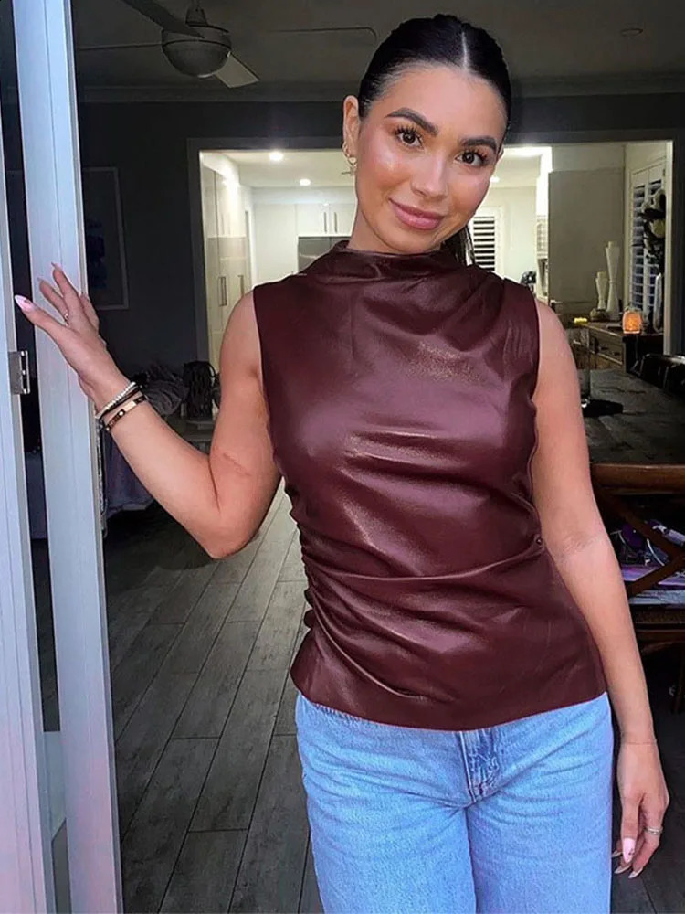 Women Y2K Vintage Pu Simple Basic Tank Top High Waist Skinny Shrunk Slash Cut Sleeveless Tops Versatile Shirts 250319
