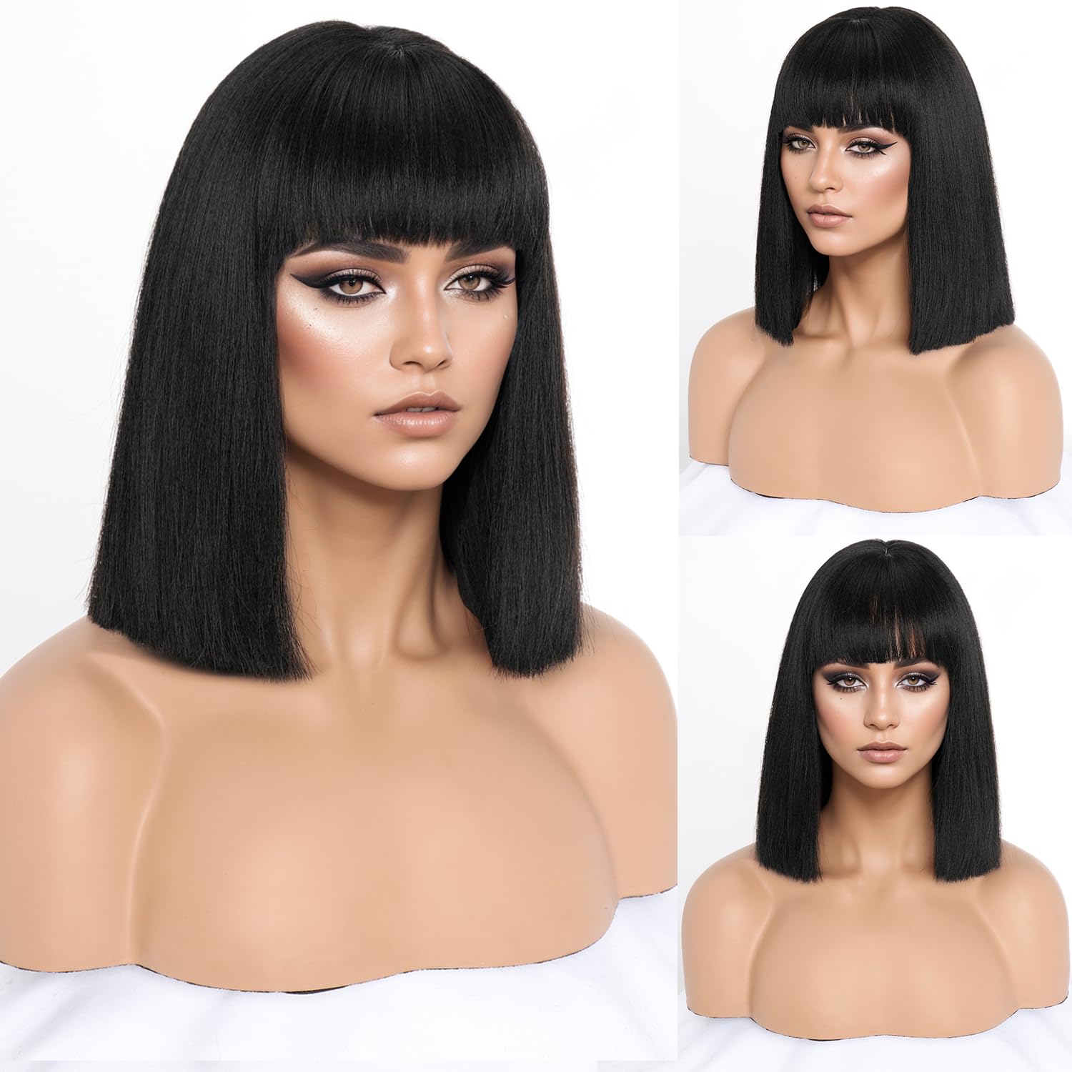 Short Black Bob Wigs with Bangs,Short Straight Bob Black Wigs for Women Hair Bob Cut Wig Shoulder Length Wig,Natural Looking Cosplay Daily Party Wig H