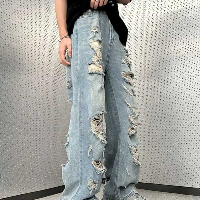 Vintage Distressed Straight-leg Jeans American Style Slimming Bell Bottoms Loose Fit High-waisted Summer Thin Version For MenT250319