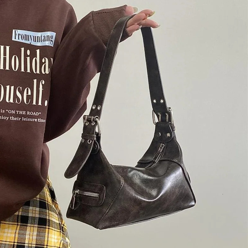 Vintage Y2K Womens Underarm Bags Pu Leather Shoulder Bag Casual Portable Female Tote Purse Crossbody Bag Handbags 250318