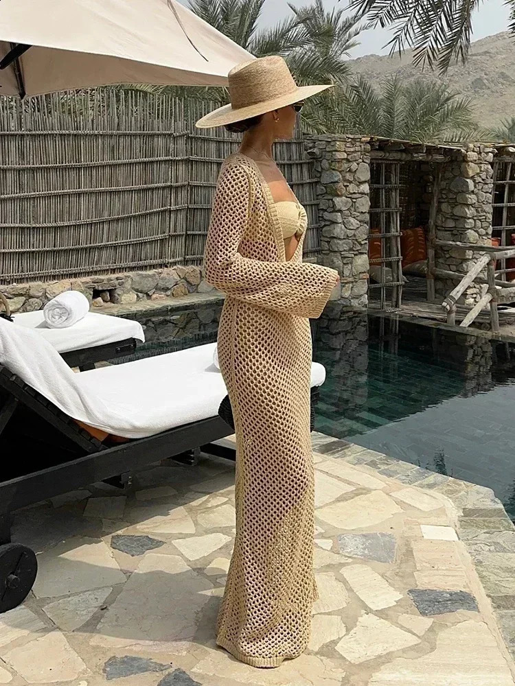 Sexy U-neck Bell Sleeve Knit Maxi Dress Summer 2024 Women Swimwear Feminine Bikinis Cover-ups Holiday Crochet Beach Outfit K21 250317