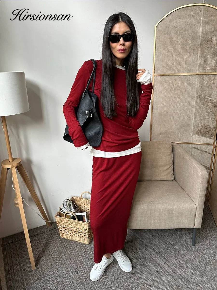 Hirssionsan Modal Soft Loose Set Womens Casual Two piece Long Sleeve T-shirt and High Waist Dress Set 250318