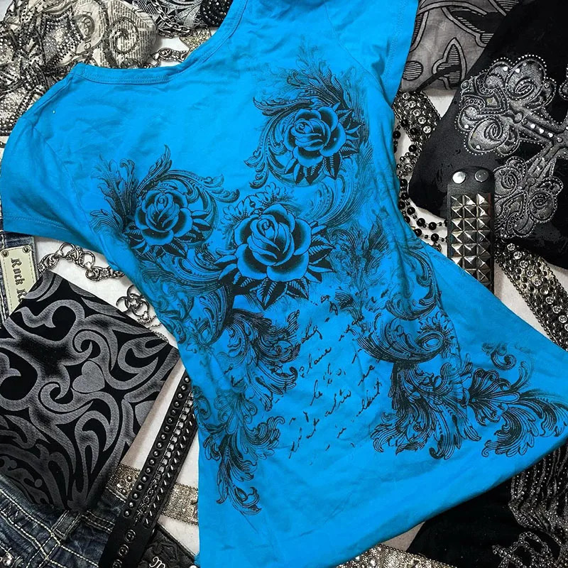 Womens Y2k Grunge T-Shirts 2000s Vinage Rhinestone Print Heart Rose T-Shirt Aesthetics Harajuku Round Neck Tops street fashion 250320
