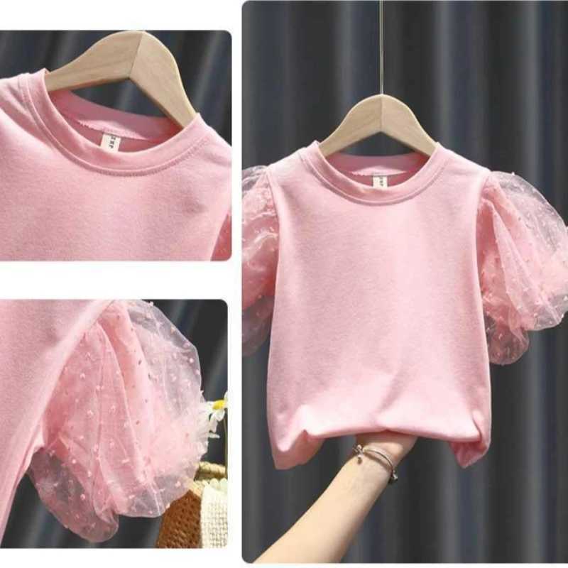 Summer cotton girls T-shirt lace short sleeved girls T-shirt solid color simple childrens clothing T-shirtT250320