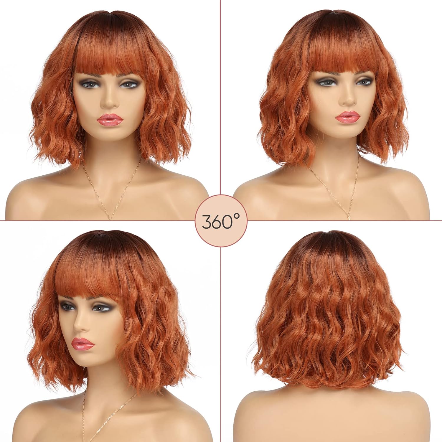 Short Copper Red Wigs for Women Fox Red Wig Ombre Red Dark Root Culy Bob Wigs with Bangs Ginger Hair Wig Wavy Synthetic Wigs(12Inches)
