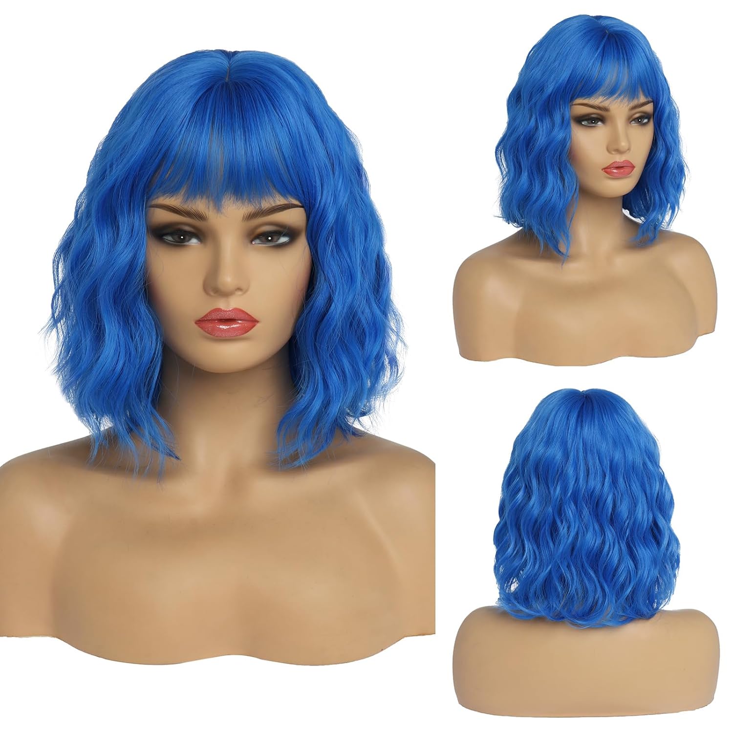 Short Blue Wigs for Women Blue Wavy Bob Wig with Bangs Medium Length Synthetic Hair Water Wave Dark Roots Wig Gray Colorful Wigs