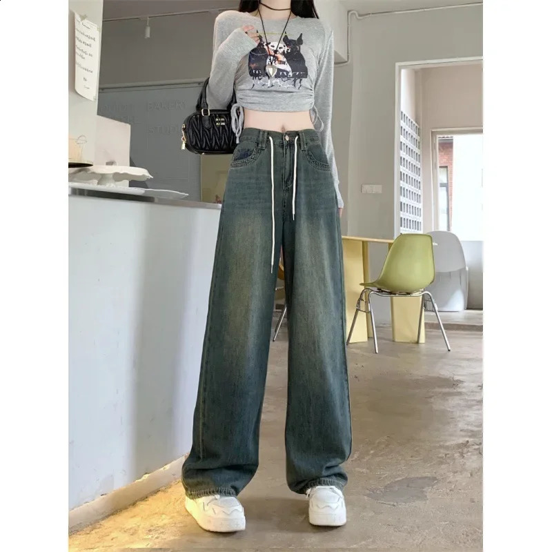 Autumn Plus Size Elastic Waist Slimming Vintage Wide Leg Jeans For Plump Women Casual Comfortable Stretch Denim 250319