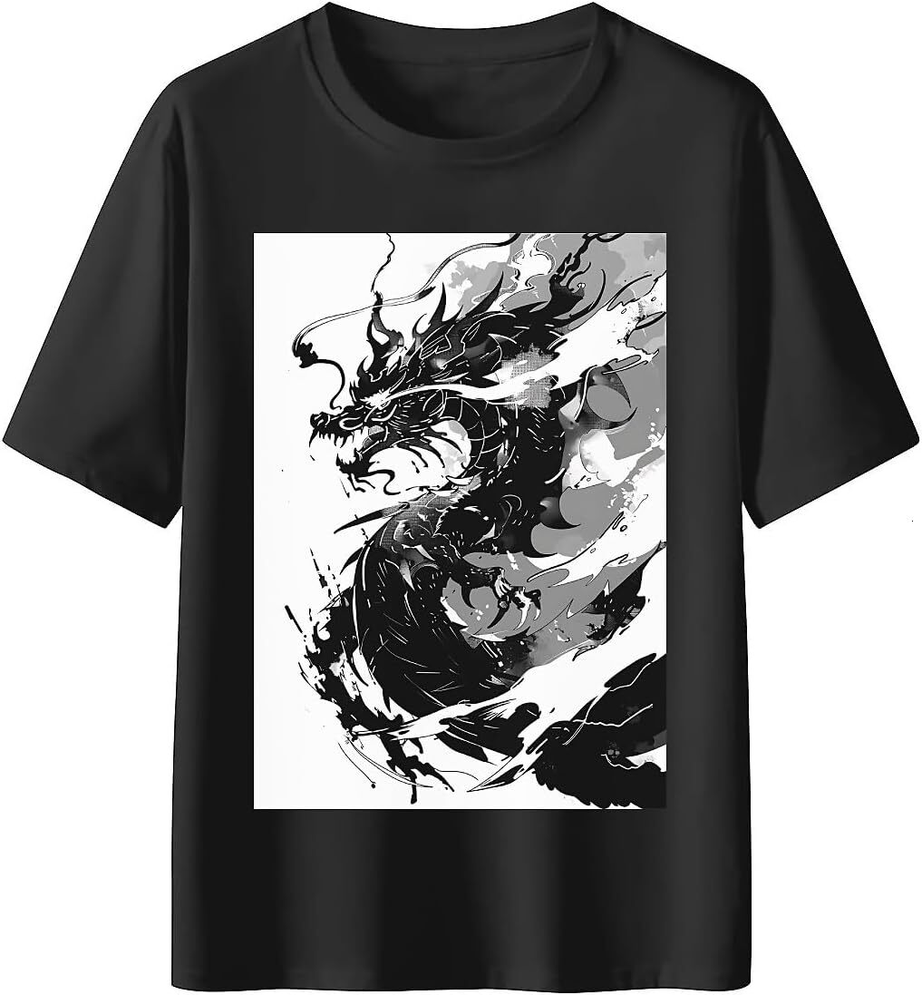 T shirt for Mens Mens Novelty T-Shirts Graphic 2D Print Summer Short Sleeve Black and White Dragon Shirts Tshirt Graphic Tee Casual Tops Clothes Short