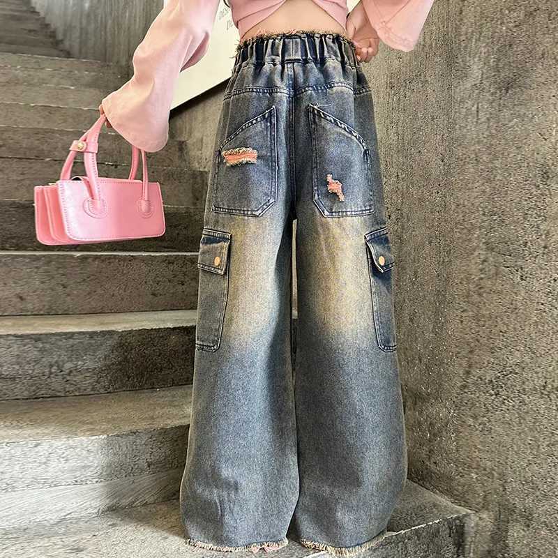 Girls heavy industrial retro denim top with Western style large pocket design wide leg pants for children childrens top 5-15T250326
