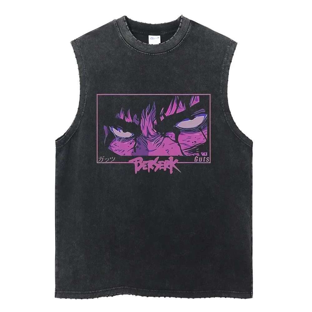 Harajuku street clothing washed anime printed vest fashionable torn casual vest men's summer sleeveless cotton retro vest unisex T-shirt