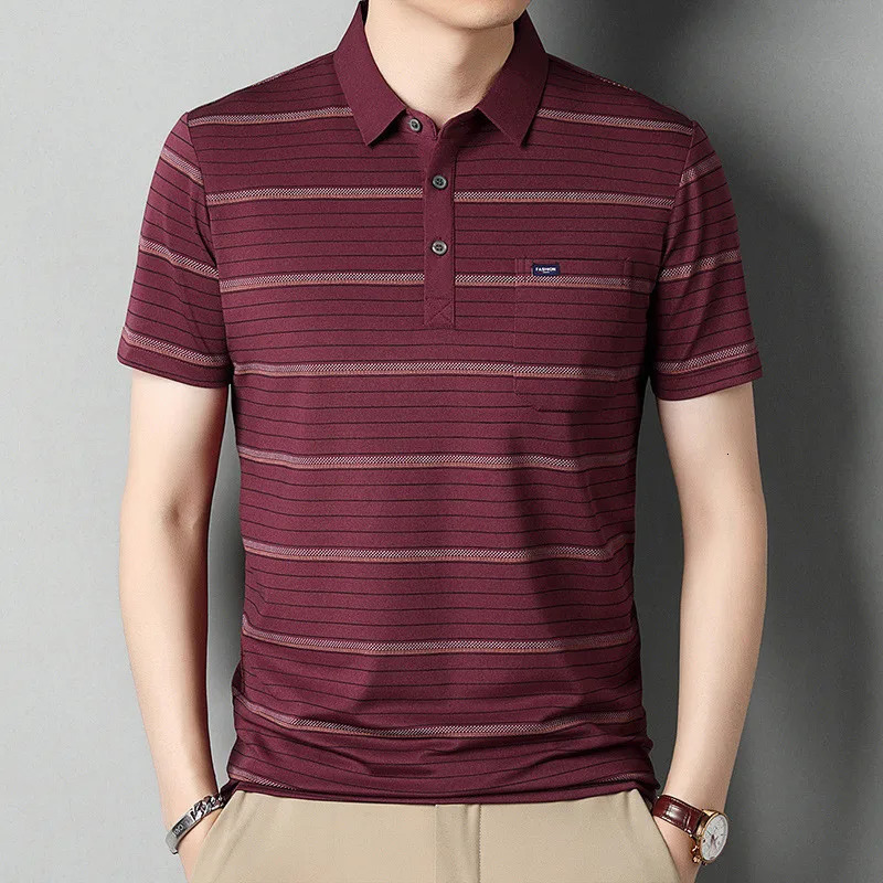 Summer Short Sleeve Mens Polo Shirt Striped Casual Chest Pocket n Man Polos T-shirt Business Golf Clothing Top Quality 250320