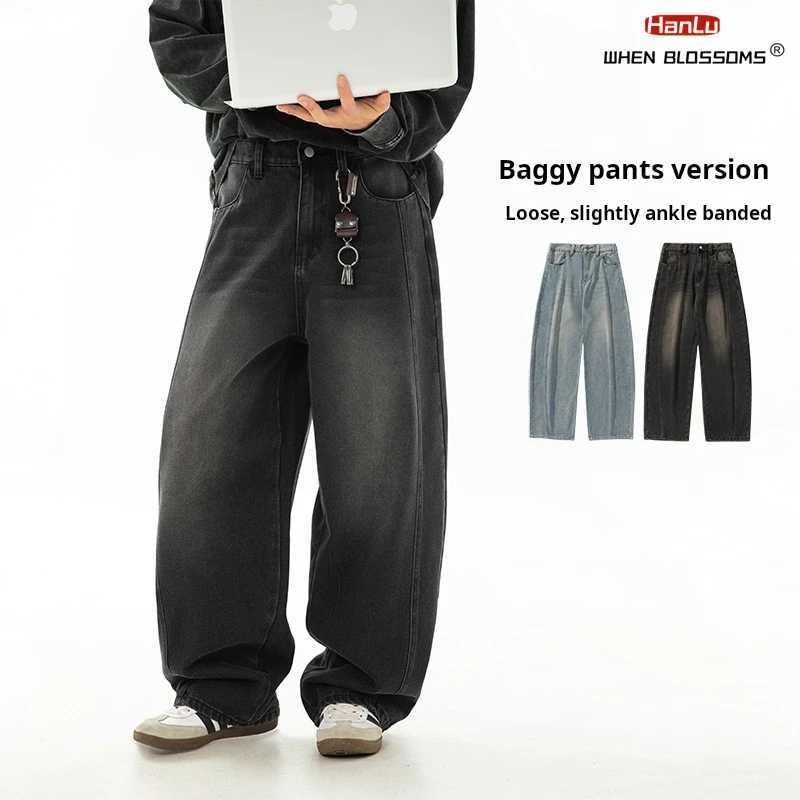 Hanlu 2025 Spring New Mens retro washed oversized jeans separating structural curves from trend brands and loose fashion TrousersT250319