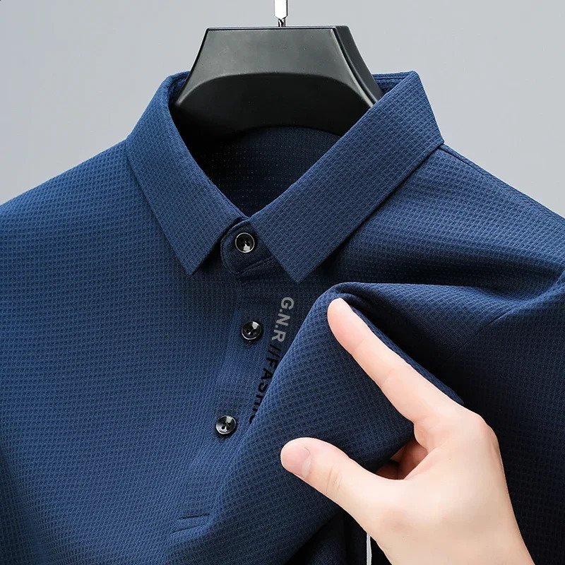 Mens Waffle Long Sleeved POLO Shirt with Letter Printed Lapel Casual Top 250319