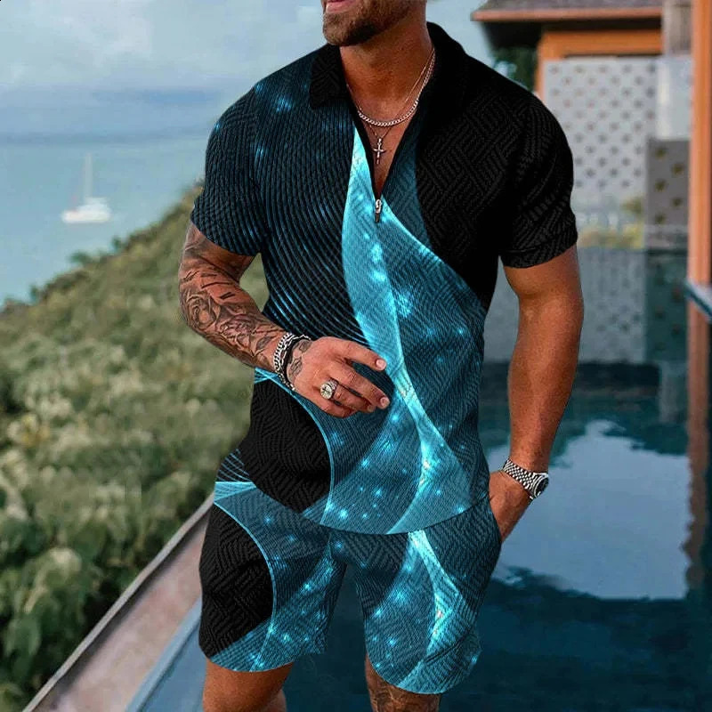 Solid Color Gradient Print Men Sweatsuit Set Summer Casual Zipper Polo Shirt And Shorts 2pcs Sets Fashion Man Pullover Clothing 250318