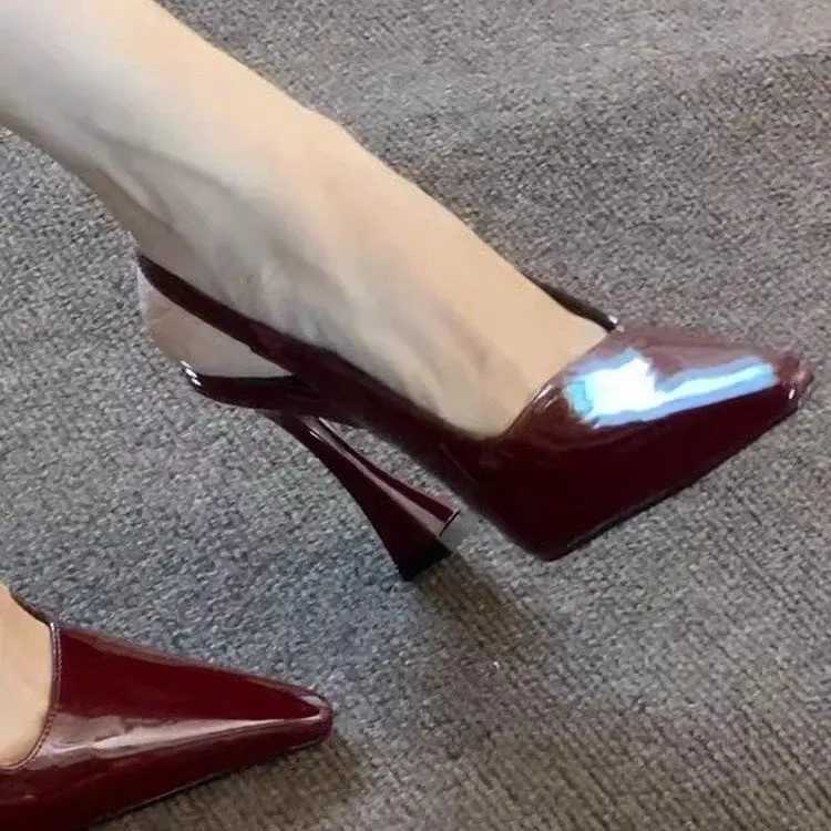 Womens Elegant Wine Red Pumps Shallow Mouth Slip Chunky High-heeled Shoes Womens Sexy Point Toe Versatile Party Banquet Shoes Y250319