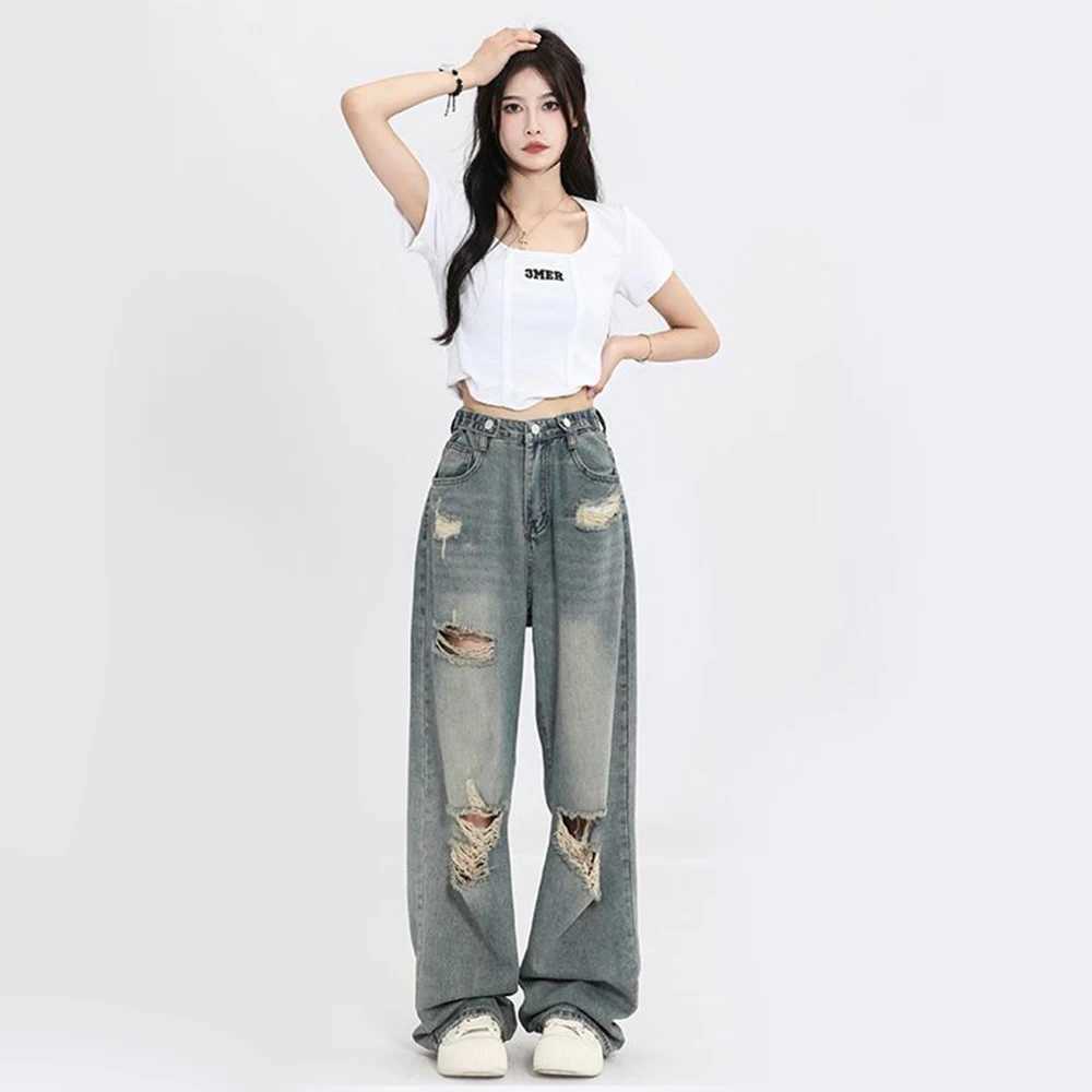 American retro perforated jeans womens high waisted straight crotch loose fit design high street Vibe wide leg drawstring pantsT250326