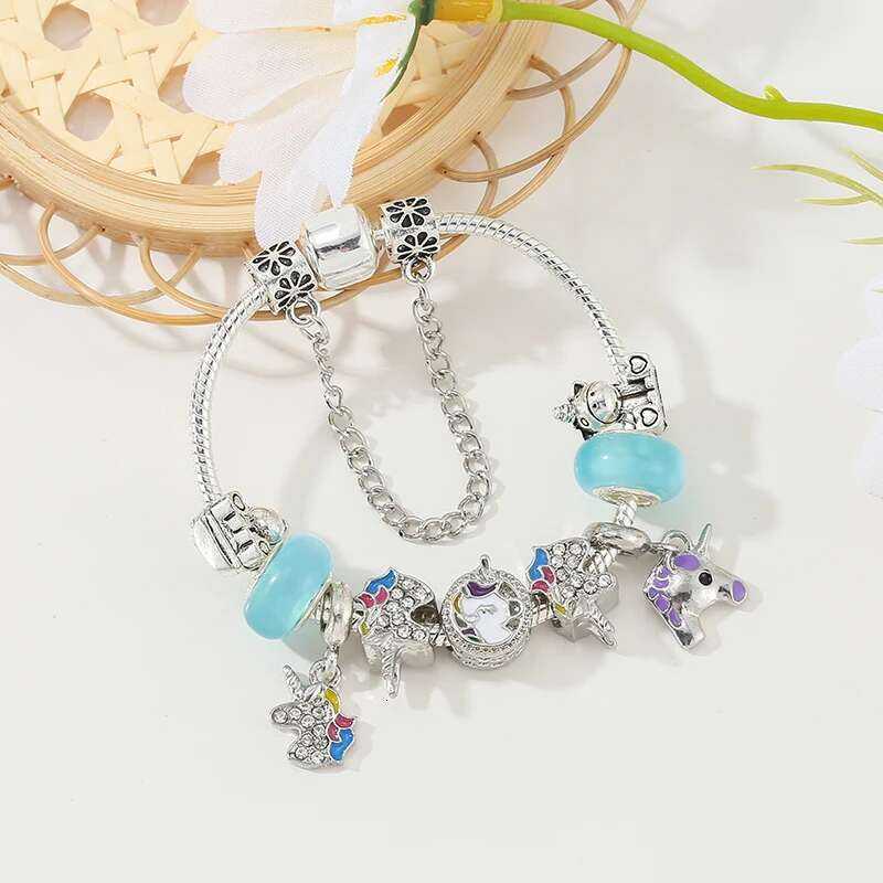 Animal Series Cute Unicorn Pendant Charm Bracelet With Blue Glass Beads Bracelets Bangles For Women Kids Jewelry Gift Pulseras