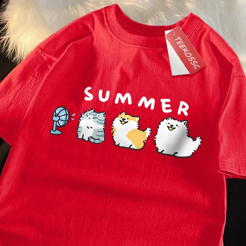 Cats And Dogs Blowing Fans Print T Shirts Men Women Cute Crewneck Clothes Loose Summer TShirts Fashion Cotton Short Sleeve 250320