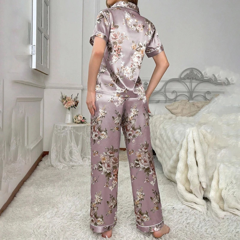 Womens Satin Pajamas 2 Piece Autumn Short Sleeve Top Long Pants Pj Sets Silky Sleepwear Loungewear for Ladies Home Clothes 250320