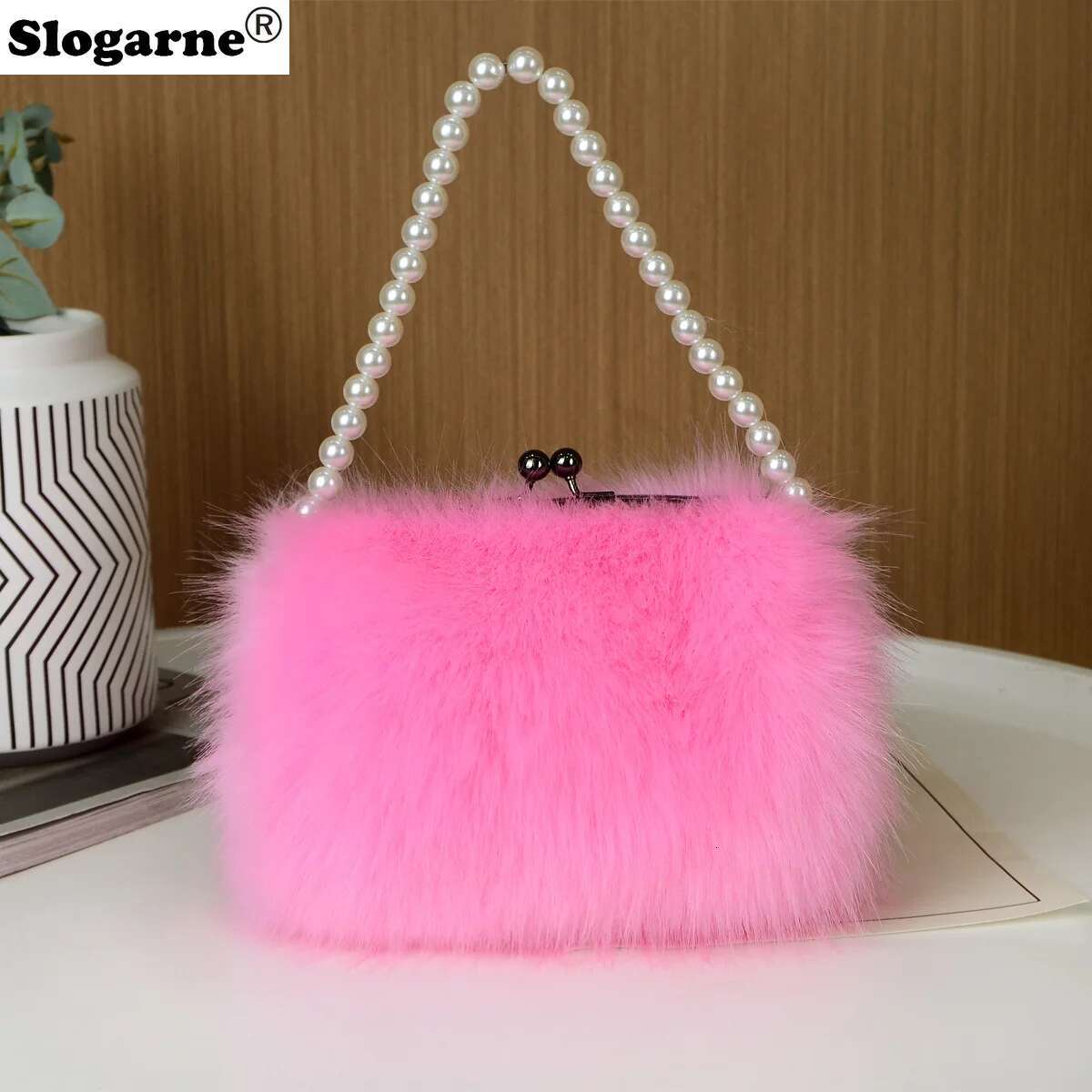Women's Winter Faux Top Candy Color Pearl Handle Ladies Fox Fur Handbag Female Small Fluffy Clutch Evening Bags