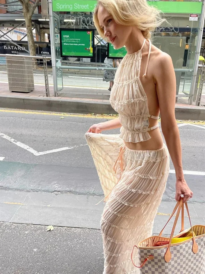 Spring Summer Female 2 Piece Set Fashion Solid Hang Neck Long Skirt Suit Women Backless Sling Top Lace Up Fold Maxi Skirts 250318